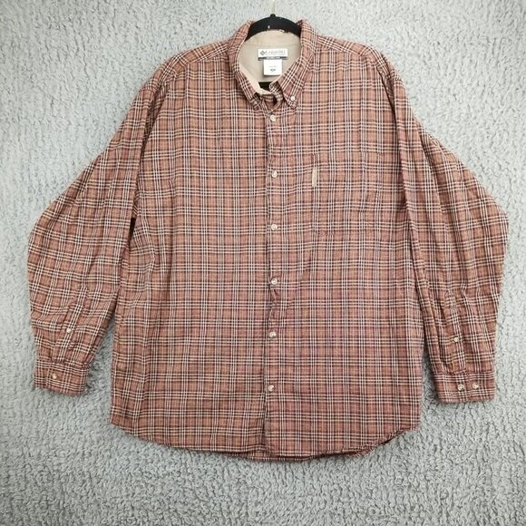 Columbia Shirt Mens 2XL Red Brown Plaid Button Down 100% Cotton Long Sleeve - Picture 1 of 7